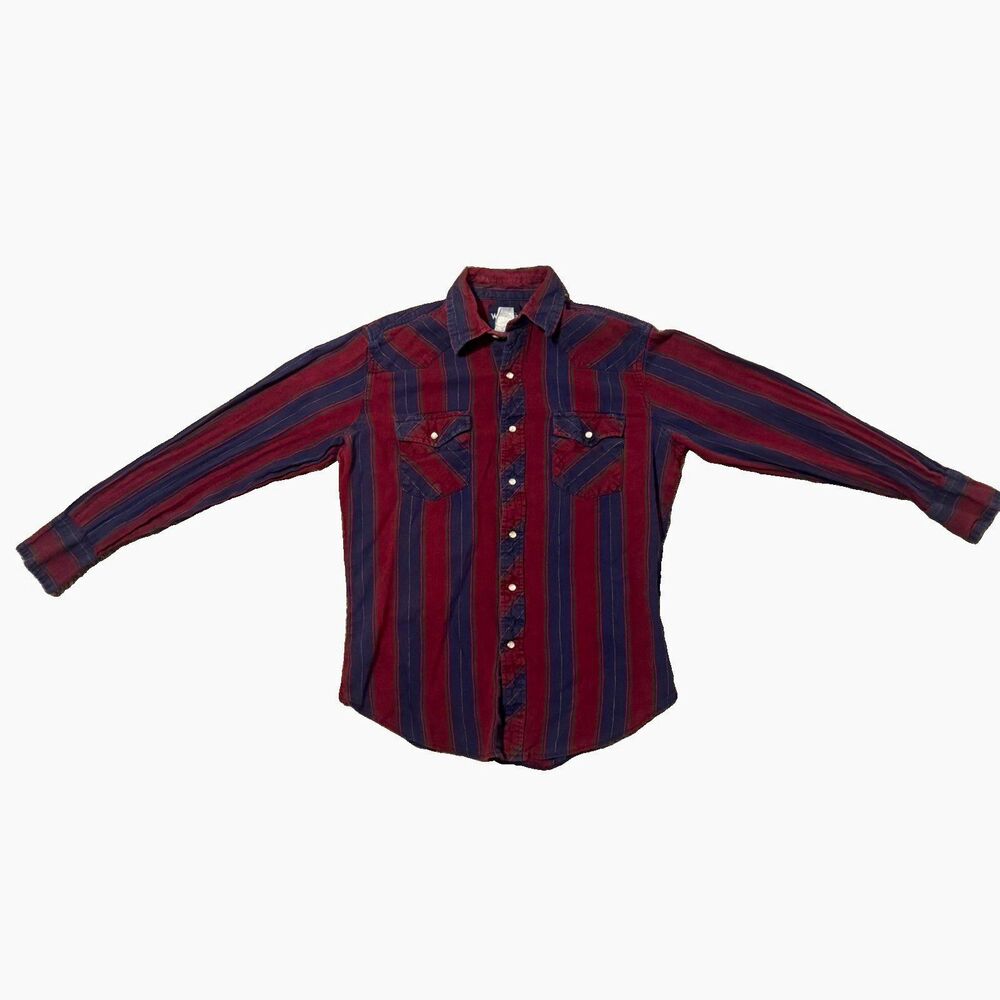 VTG Wrangler Pearl Snap Shirt Mens M Red Blue Striped Cotton Woven Button-Up LS